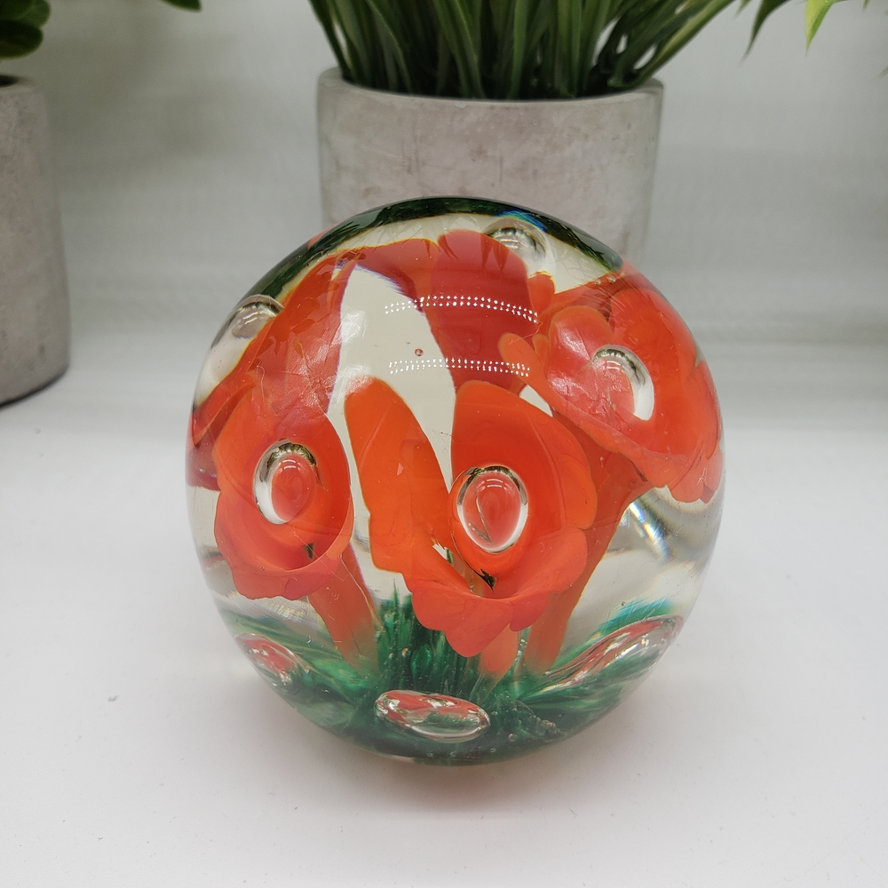 Joe St. Claire Art Glass Paperweight with Orange Trumpet-shaped Flowers - Picture 3 of 10